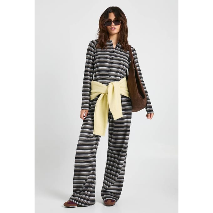 boohoo Dames Gestreepte geribde trekkoord-broek | Zwart | Maat: 44