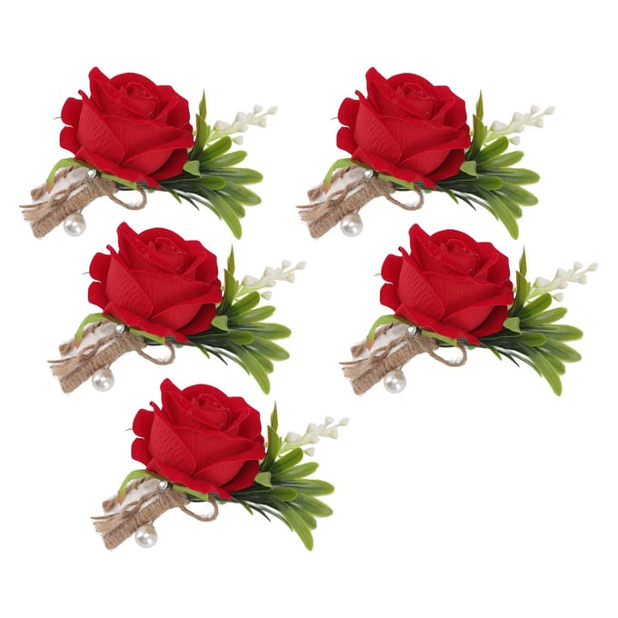 5 STuks Bruiloft Boutonnière Speld Vast Plastic Kunstbloem Corsage voor Bruid en Bruidegom Rood champagne