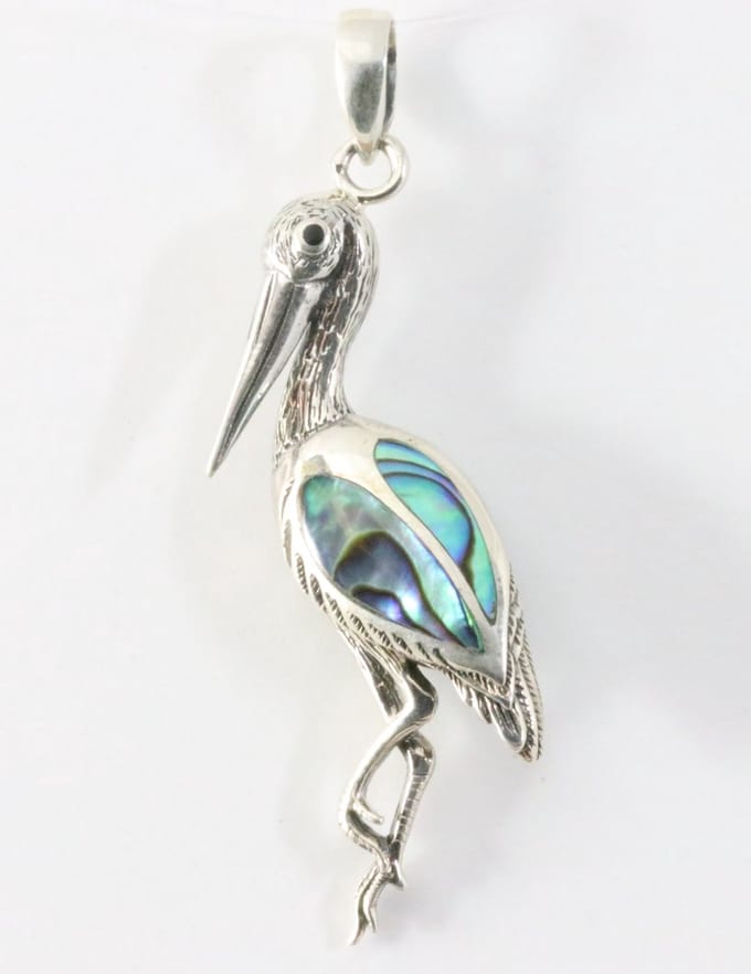 Zilveren kraanvogel hanger met abalone schelp