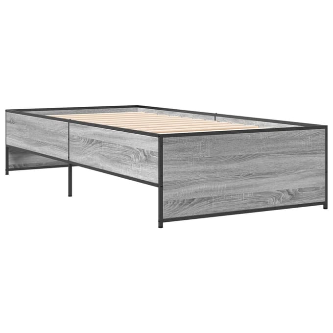 vidaXL - Bedframe - bewerkt - hout - en - metaal - grijs - sonoma - eiken - 75x190 - cm
