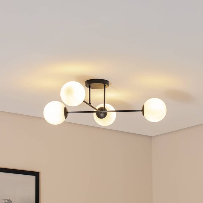 Euluna - plafondlamp - 4lichts - Staal, glas - H: 26 cm - E14 - zwart, wit opaal