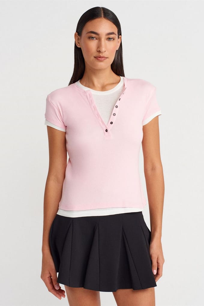 Dames Katoenen V-Hals Knop T-Shirt