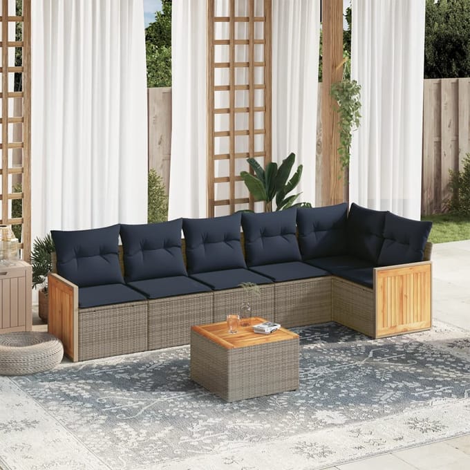 vidaXL - 7-delige - tuinbankset - met - kussens, - grijs - polyrotan
