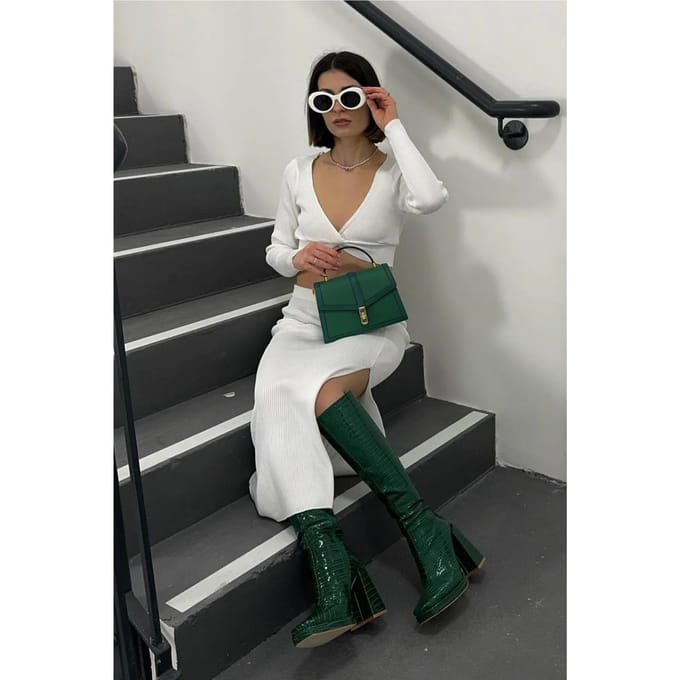 2 Stuks: V-hals Lange Mouwen Crop Top & Hoge Taille Split Maxi Rok