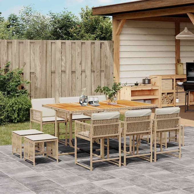 vidaXL - 11-delige - Tuinset - met - kussens - poly - rattan - beige