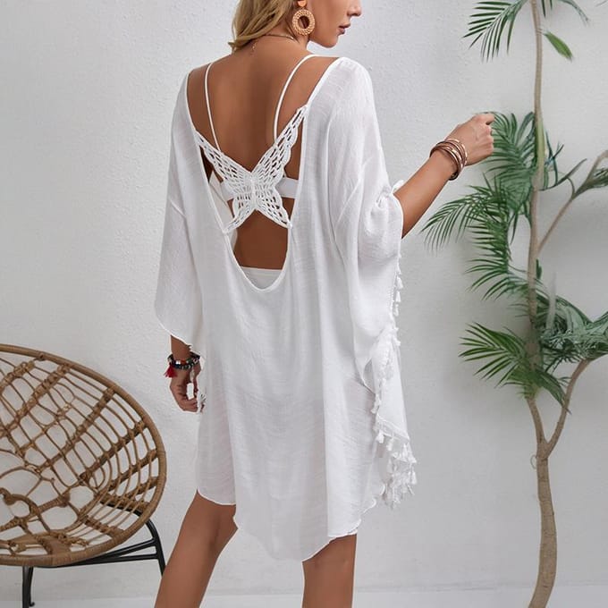 Kwastjes Strandshirt Holle Vlinder Losse Strand Vakantie Jurk one size wit