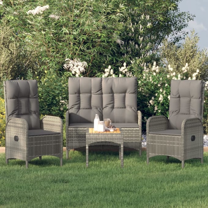 vidaXL - 4-delige - Tuinset - met - kussens - poly - rattan - grijs