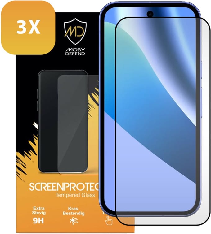 3-Pack MobyDefend Screenprotectors - Geschikt voor Google Pixel 10a - Screensavers Met Zwarte Randen - Gehard Glas