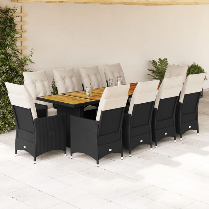 vidaXL - 11-delige - Bistroset - met - kussens - poly - rattan - zwart