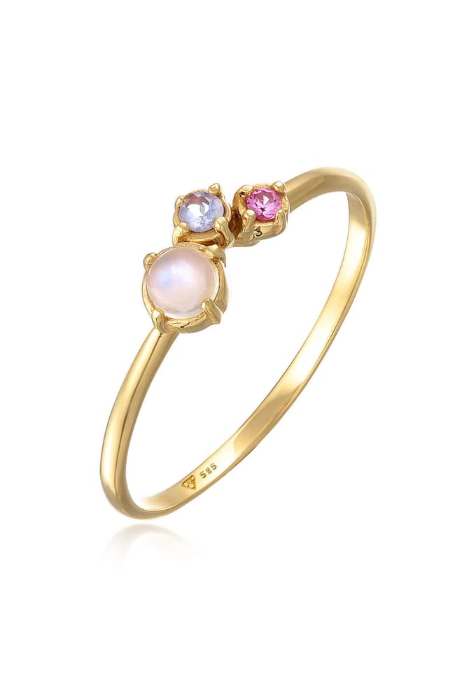 Elli PREMIUM - Ring - Dames Stack Glamorous met maansteen. tanzaniet en synth. saffier in 585 geel goud - Dames