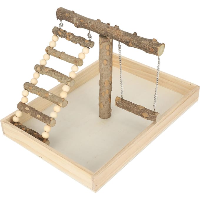 Support Perchoir en Bois Naturel pour Perroquet Jouant Support Debout Entraînement d'Oiseau avec Grande Base beige