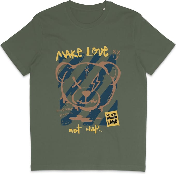 Heren Dames T Shirt - Print en Quote: Make Love No War - Khaki - S