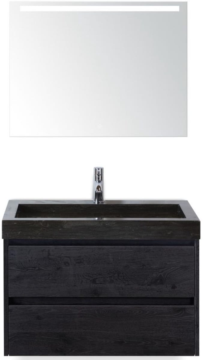 Dante Badmeubelset 80 cm - Black Oak - Wastafel Hardsteen Wit Lucca met Sence Spiegel