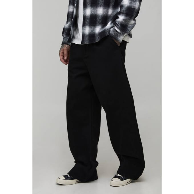 Tall Wide Fit Half & Half Waistband Washed Twill Trouser | Black | Size Medium