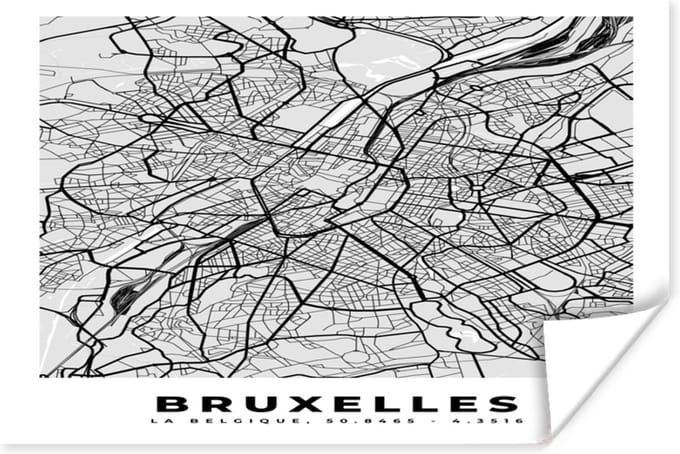 Poster Plattegrond – Brussel – Zwart Wit – Stadskaart - Kaart - 90x60 cm