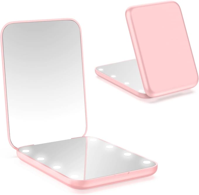 Mini Pocket Spiegel - Compacte Verlichte Spiegel - Make-up Aanbrengen - 1x 3x Vergrootglas - 6.4 x 8.5 cm - Roze