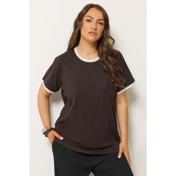 Yours Chocoladebruin Tshirt Met Contrasterende Afwerking Size 46