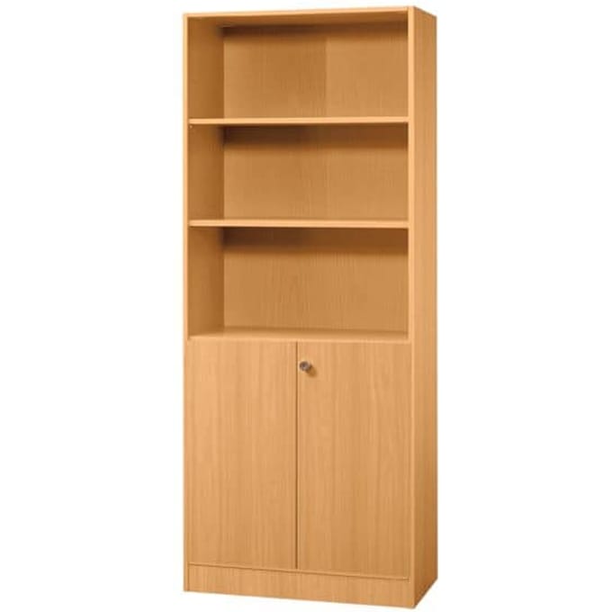 Combi-boekenkast, 5 OH, 3 open vakken + 2 afsluitbare deuren, B 800 x D 420 x 2004 mm, beukendecor