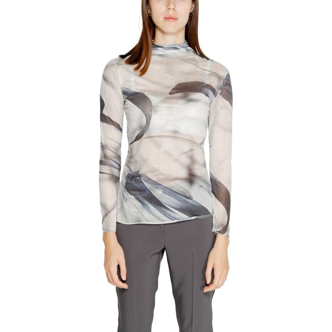 Abstracte Print Mesh Top Met Hoge Hals Lange Mouwen