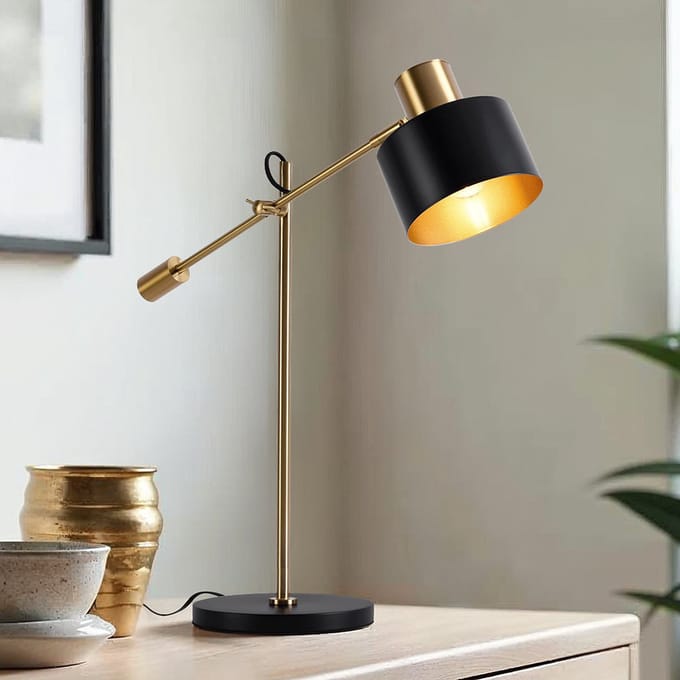 Zwarte kantelbare tafellamp met gouden details - Rhys