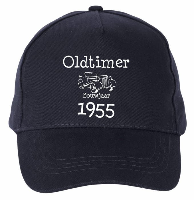 Mijncadeautje - 5 panel - Cap - Verstelbaar - Pet van 100% dik geborsteld katoen- unisex - opdruk wit - Oldtimer 1955 - navy blauw