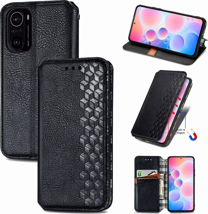 Luxe PU Lederen Ruitpatroon Wallet Case + PMMA Screenprotector voor Xiaomi Poco F3 _ Zwart