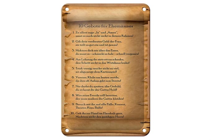 Blechschild Spruch 12x18cm 10 Gebote für Ehemänner sage ja