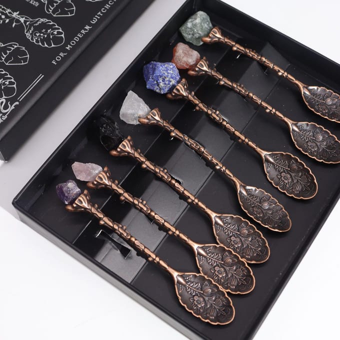 Set van 7 bronzen edelsteenkristal heksenlepels