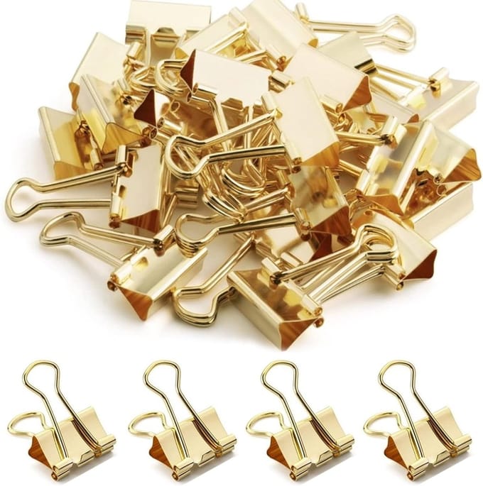 Dailygoods- Foldback Klemmen Goud 19 mm - 100 Stuks - Metalen Klemmen - Bindclips - Papierklemmen - Robuuste Constructie - Binderclips