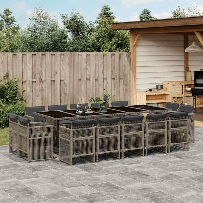 vidaXL - 15-delige - Tuinset - met - kussens - poly - rattan - grijs