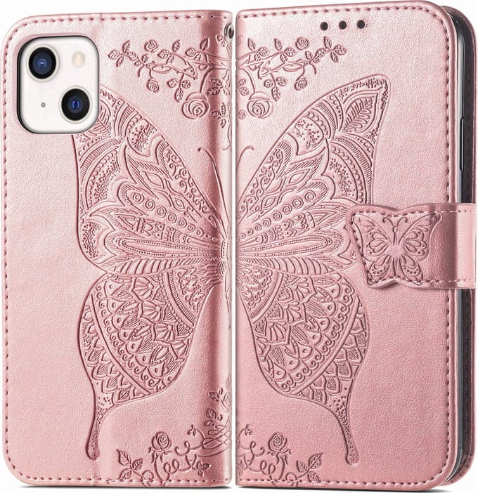 YPCd Bookcase geschikt voor Apple iPhone 14 - Vlinder Design - Portemonnee / Wallet Hoesje - Roze