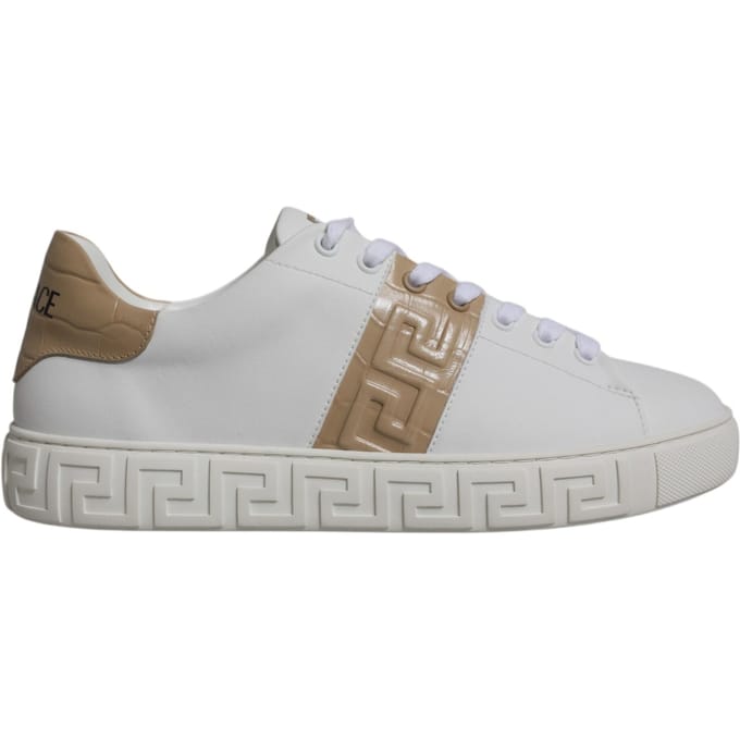 Versace Witte Bruine Greca Print TPU Lage Sneakers voor Mannen