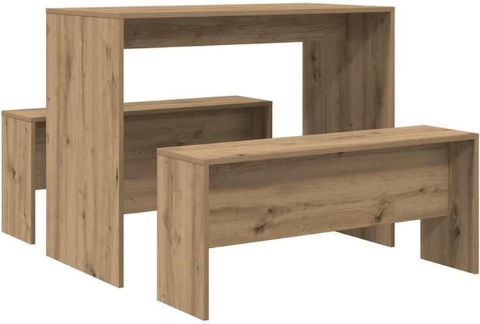 3-delig Eettafel en Bank Set van Bewerkt Hout