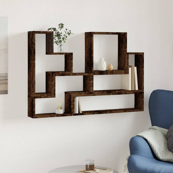 vidaXL - Wandschap - 96x12x64 - cm - bewerkt - hout - gerookt - eikenkleurig