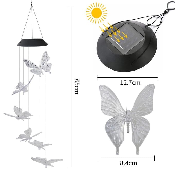Windgonglamp op zonne-energie, kleurveranderende vlinder, buitentuin, straatzon black