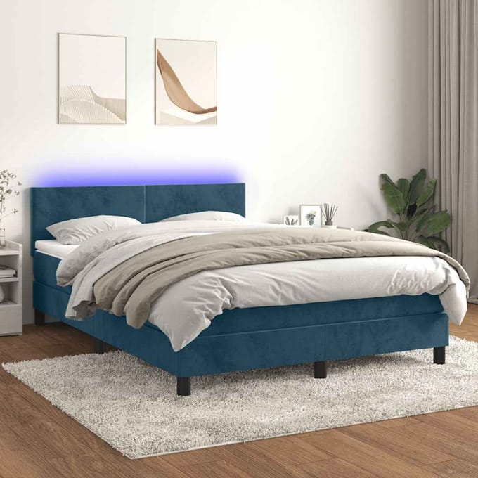 vidaXL - Boxspring - met - matras - en - LED - fluweel - donkerblauw - 140x200 - cm