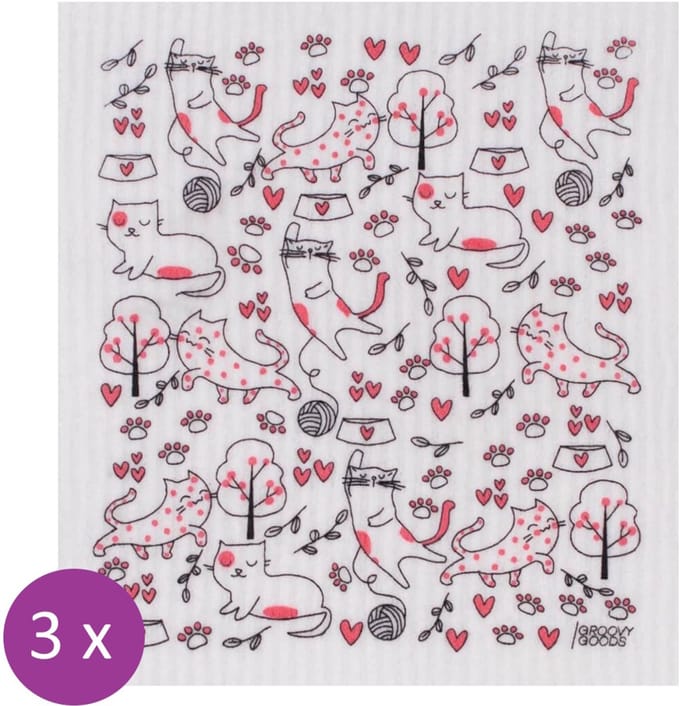 Set van 3 Ecologische Sponsdoekjes - Katten - Vegan - Plasticvrij - Wasbaar - Composteerbaar - Groovy Goods