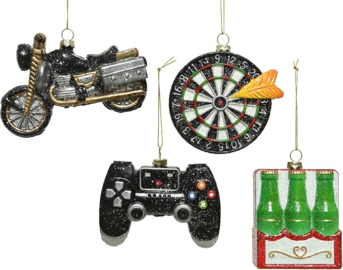 Decoris kunststof Kerst Ornament Dartbord/six pack/motorfiets of game controler