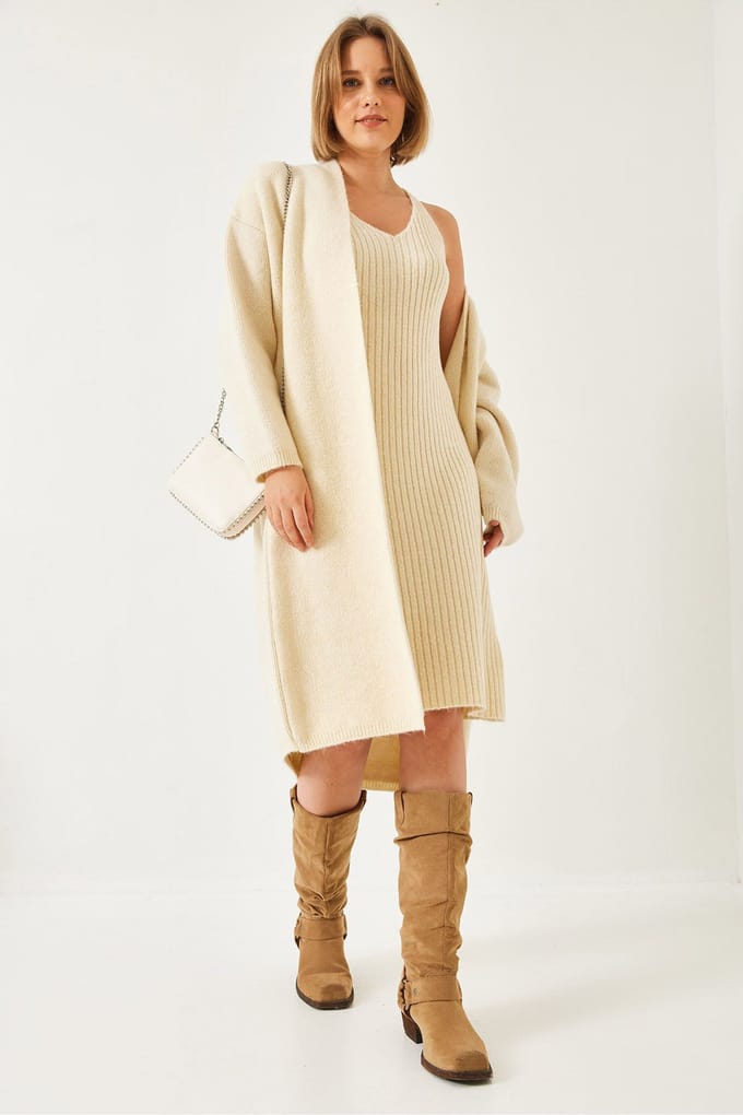 Gestructureerde Brei V-Hals Cardigan-Jurk Twee-Delige Set