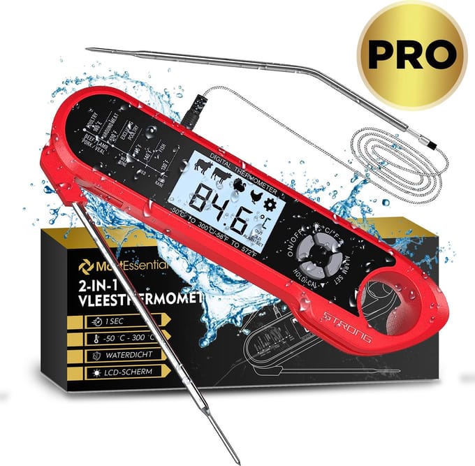 MostEssential 2-in-1 Vleesthermometer PRO Edition – Digitale Kernthermometer met Uitklapsonde & Losse Kabelsonde met Alarm - BBQ & Oventhermometer - Waterdicht IP67