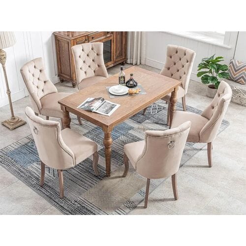 ModernLuxe Set van 6 fluwelen eetkamerstoelen - knoopquilt - Beige