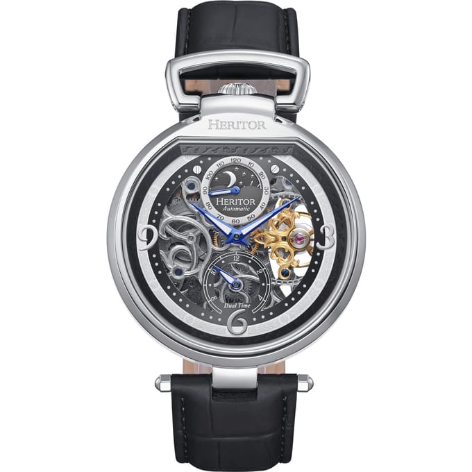 Heritor Automatic Lincoln Skeleton Horloge met Leren Band en Maanfase - Zwart