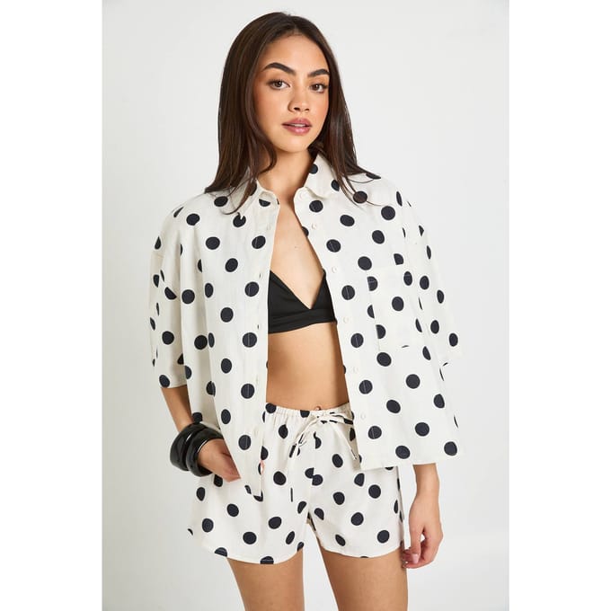 boohoo Dames Gestippeld Linnen-look Boxy Shirt & Short Co-ord | Wit | Maat: 36