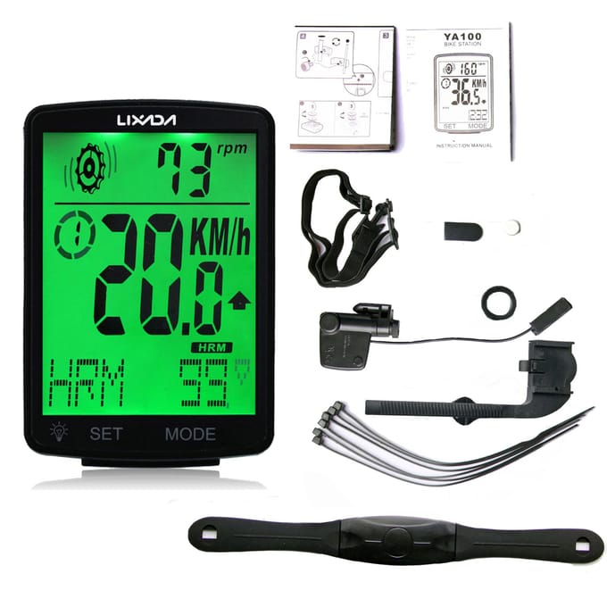 LIXADA 3-in-1 draadloze fietscomputer Multifunctioneel LCD-scherm Fietscomputer met hartslag Green backlight zwart