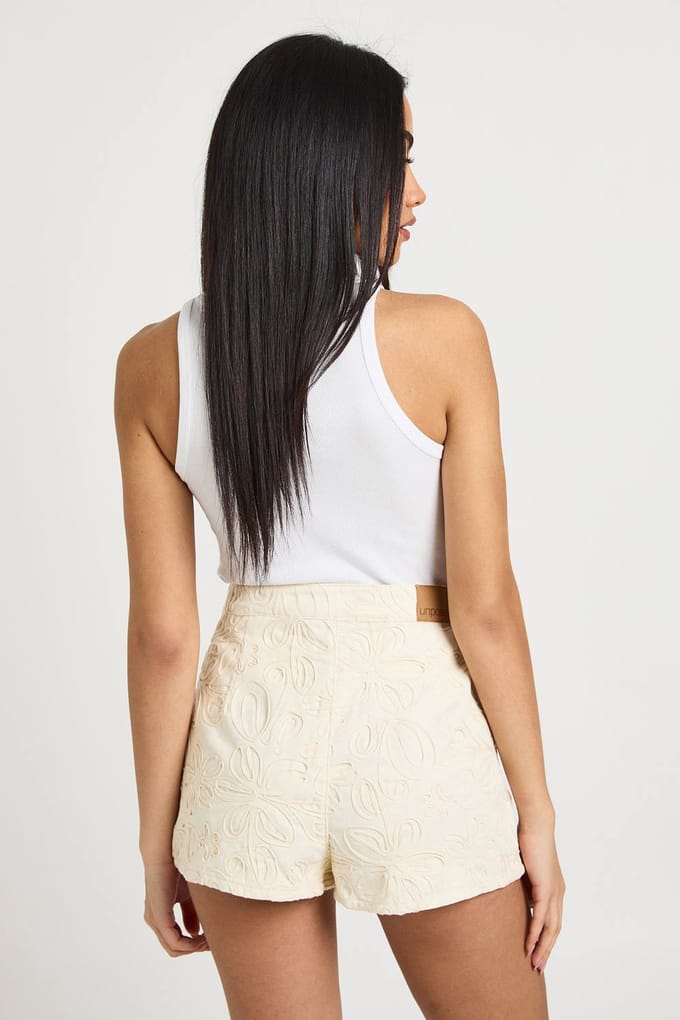 boohoo Dames Denim Mini Short Met Kanten Detail | Ecru | Maat: 6