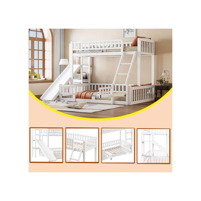 Lits superposés - MUVOE - 90 x 200 cm et 140 x 200 cm - Pin - Toboggan - Blanc blanc
