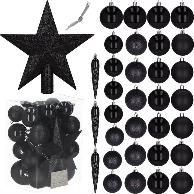 Springos Kerstballen & Piek | 33 Stuks | 5/6/8 cm | Zwart