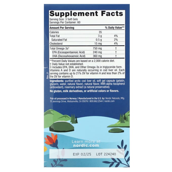 Nordic Naturals, Arctische Levertraan, Citroensmaak, 180 Softgels