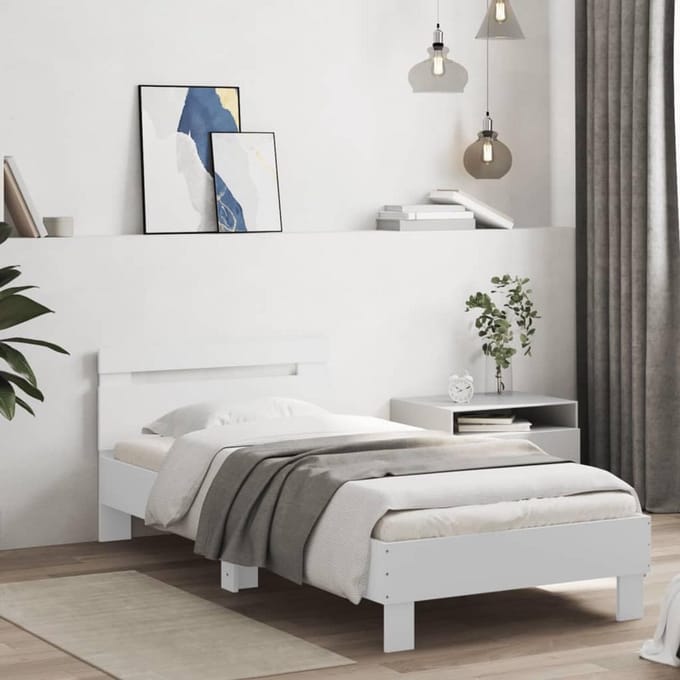 Comfortabel Eenpersoons Bedframe met Hoofdbord en LED-verlichting Wit