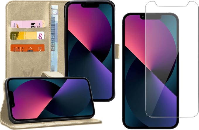 Hoesje geschikt voor iPhone 13 Mini - Screenprotector - Book Case Kunstleer Wallet - Goud
